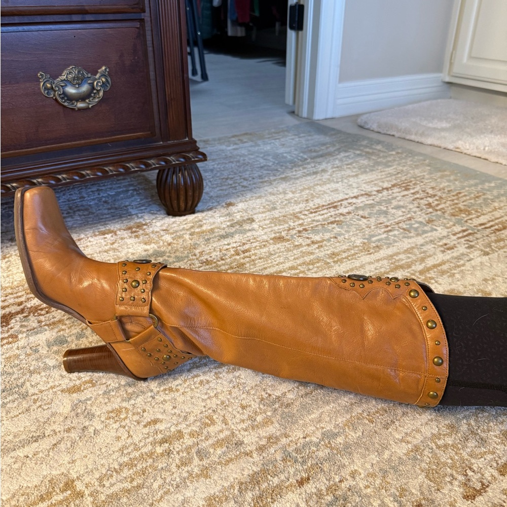 ANTONIO MELANI Tan Leather Studded Knee Boots